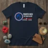 Navy t-shirt with white text "PUERTO RICO THE COQUI ISLAND" and a circular design of coqui frogs with red and
