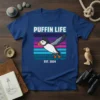 Puffin Life Est 2024 t-shirt design featuring a puffin graphic and retro stripes