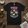 Pugs Because People Suck T-Shirt design featuring cartoon pugs inside a chain circle with pink text