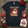 Pugs and Kisses t-shirt design featuring a cute pug inside a heart with red accents and the text "Pugs and