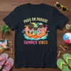 Pugs On Parade Summer Vibes text with three pugs wearing sunglasses on an inflatable tube, vibrant colorful background