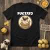 Black t-shirt with "PUGTATO" text and a cute pug dog sitting in a burlap sack, holding a treat