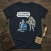 Pull Yourself Together Man! funny knight quote t-shirt with two armored knights, one kneeling and one standing, on a navy