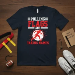 Pulling Flags And Taking Names t-shirt design featuring a flag football player graphic and bold red and white text