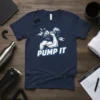 Pump It t-shirt design featuring a muscular arm lifting a dumbbell with lightning bolts and bold text