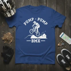 Pump Pump BMX T-Shirt featuring a cyclist performing a jump on a dirt track with "BMX" text below