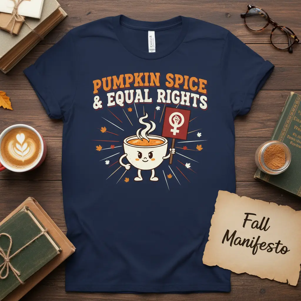 Pumpkin Spice & Equal Rights feminist slogan tee with a kawaii coffee cup character holding a women's rights protest sign