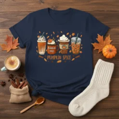 Pumpkin Spice Everything Fall Vibes T-Shirt featuring four fall coffee drinks and autumn leaves design
