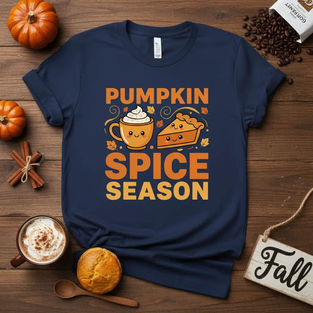 Pumpkin Spice Season t-shirt design featuring cute cartoon pumpkin pie and coffee cup with fall leaves