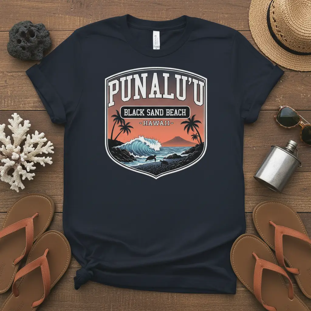 Punalu'u Black Sand Beach Hawaii t-shirt design with vibrant ocean waves and tropical scenery