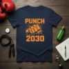 Navy t-shirt with "PUNCH 2030" text and an orange fist graphic, symbolizing fitness and motivation