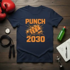 Navy t-shirt with "PUNCH 2030" text and an orange fist graphic, symbolizing fitness and motivation
