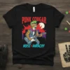 Punk Cougar Noise Anrachy t-shirt design with a punk rock cat playing a guitar, featuring bold text and a city