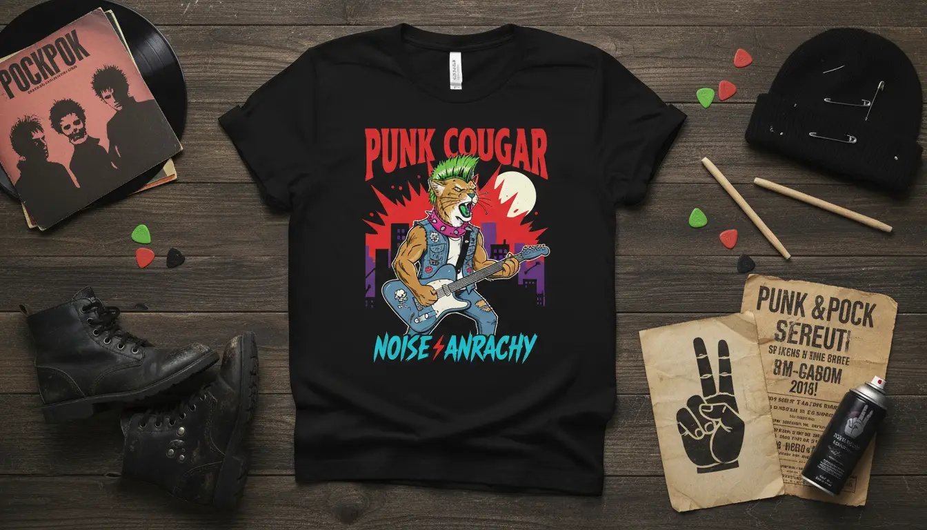 Punk Cougar Noise Anrachy graphic tee featuring a punk rock cat playing a guitar with bold text and vibrant city backdrop