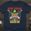Punk Cougar Rock On t-shirt design featuring a leopard with a mohawk, guitars, and studded jacket