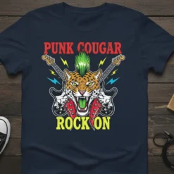 Punk Cougar Rock On t-shirt design featuring a leopard with a mohawk, guitars, and studded jacket