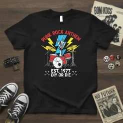 Punk Rock Anthem Est. 1977 DIY or Die t-shirt design with skeleton hand and drum kit graphic