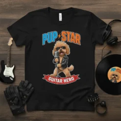 Pup Star Guitar Hero t-shirt design featuring a poodle in a leather jacket singing into a microphone