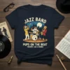 Pups on the Beat Jazz Band T-Shirt design featuring dogs playing trumpet, saxophone, and drums with a city skyline background