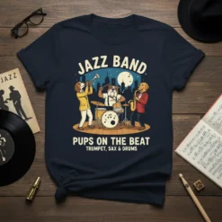 Pups on the Beat Jazz Band T-Shirt design featuring dogs playing trumpet, saxophone, and drums with a city skyline background