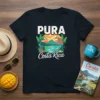 Pura Costa Rica t-shirt design featuring tropical landscape, sloth, parrot, and volcano with text "PURA Costa Rica"