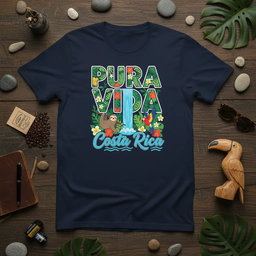 Pura Vida Costa Rica t-shirt design featuring a sloth, parrots, and a waterfall, evoking tropical vibes