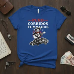 Puro Corridos Tumbados design with skeleton playing guitar on a lowrider, white text and red accents