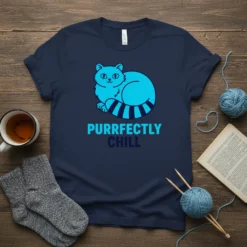 Navy t-shirt with a bright blue cartoon cat and the text "Purrfectly Chill" in blue