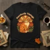 Purrfectly Vintage t-shirt design with an orange tabby cat sitting amongst flowers, featuring retro sunburst graphic and text