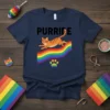 Purride t-shirt with a ginger cat jumping on a rainbow and a rainbow paw print below
