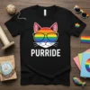 Black t-shirt with "Purride" text and a cat wearing rainbow sunglasses, representing LGBTQ pride