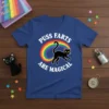 Puss Farts Are Magical t-shirt design with a black cat jumping over a rainbow