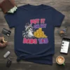Put It On My Dads Tab funny raccoon and coins design on a navy blue t-shirt