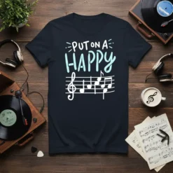 T-shirt with the phrase "PUT ON A HAPPY" above musical notes and a treble clef, white and light blue text
