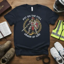 Dark t-shirt featuring a knight ready for battle, with text reading "Put On The Full Armor Of God"