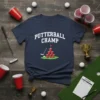 Navy blue t-shirt with white text reading "PUTTERBALL CHAMP" above a graphic of stacked red cups, a golf club, and