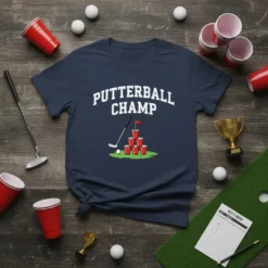 Navy blue t-shirt with white text reading "PUTTERBALL CHAMP" above a graphic of stacked red cups, a golf club, and