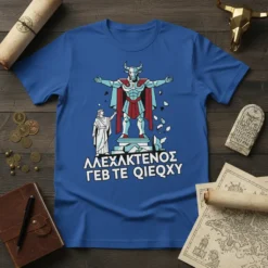 ΑΛΕΧΑΚΤΕΝΟΣ ΓΕΒ ΤΕ QΙΕΩΧΥ text on a blue t-shirt with a Minotaur and a figure in ancient Greek style