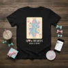 Queen of Hearts card design featuring "Q of HEARTS BOBA & BOWS" text on a black t-shirt, with boba tea