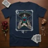 Q of Spades playing card design with a tattooed woman holding a rose, on a navy blue t-shirt