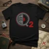 Black t-shirt featuring the Q2 Vault Design with a circular vault door graphic and the number 2