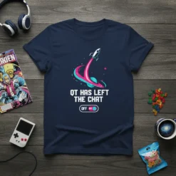 Navy t-shirt with "QT Has Left The Chat" text, a rocket launching through a pink and teal swirl, and an