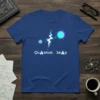Blue t-shirt featuring the text "Quantum Leap" with a graphic of a small planet, lightning bolt, and a sun-like object