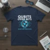 Qubits Over Bits Quantum Computing text with circuit board graphic on navy t-shirt