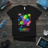 Qubits Quantum Computing T-Shirt design with colorful cubes and American flags, featuring the text "Qubits QUANTUM COMPUTING"