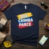 Navy blue t-shirt with "QUE CHIMBA PARCE" text in white, over colorful brush strokes of yellow, blue, and red, representing