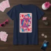 Queen of Hearts playing card design with sunglasses and a drink on a navy blue t-shirt