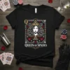 Queen of Spades design on a black t-shirt featuring a regal woman within a spade symbol, with card suit accents