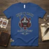 Queen of Spades Majesty & Mystery text with regal queen graphic on a blue t-shirt