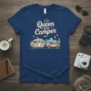 Queen of the Camper t-shirt design featuring a vintage camper, car, mountains, trees, and stars